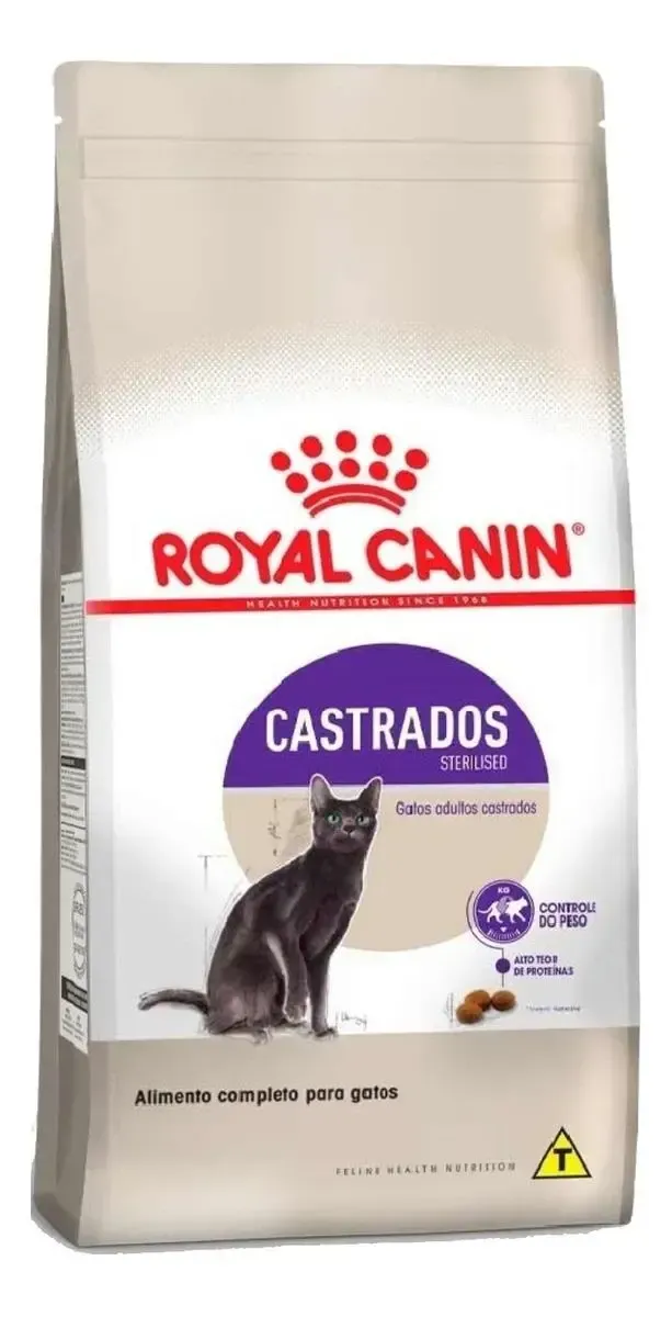 Bolsa de comida para gatos Royal Canin Castrados, blanca con etiqueta morada e imagen de un gato.