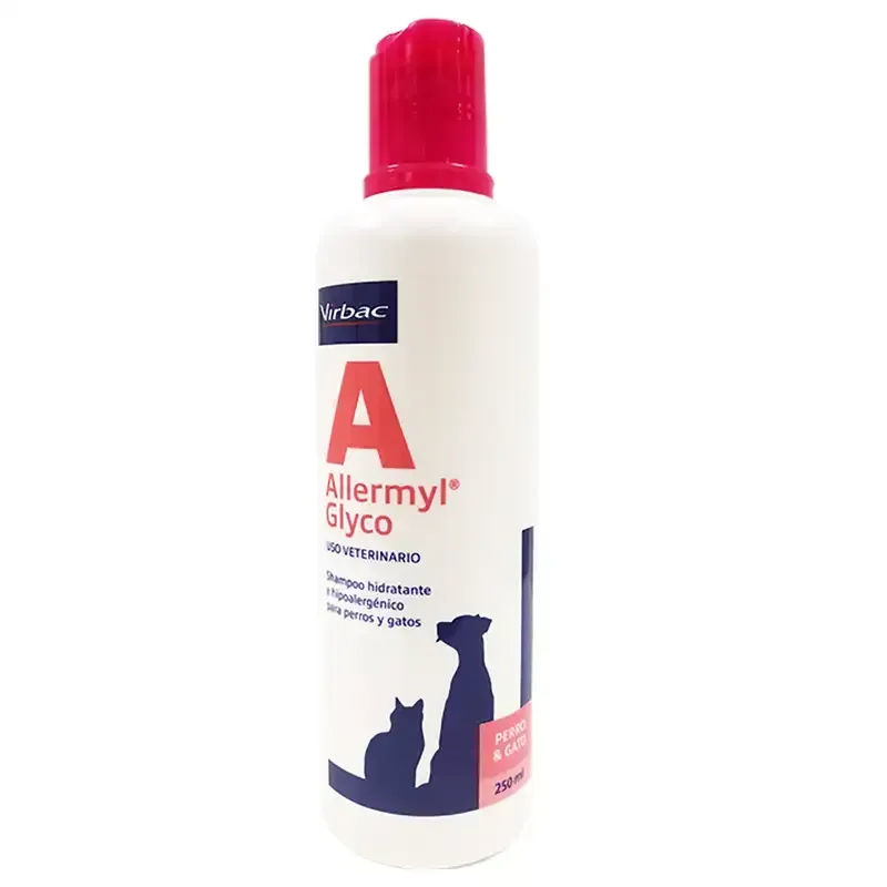Botella blanca de champú para mascotas Allermyl Glyco con tapón rojo y siluetas de gatos y perros.