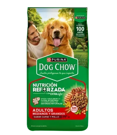 Bolsa de Purina Dog Chow Adultos con golden retriever y hombre, envase verde y rojo.