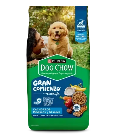 Bolsa de comida para cachorros Purina Dog Chow Gran Comienzo con iconos de cachorro, mujer y croquetas.