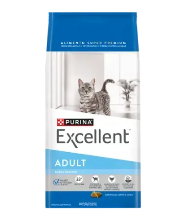 Bolsa de comida para gatos Purina Excellent Adult, blanca y azul con imagen de un gato gris e icono de croquetas de pollo.