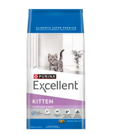 Bolsa de alimento seco para gatitos Purina Excellent con envase azul-morado.