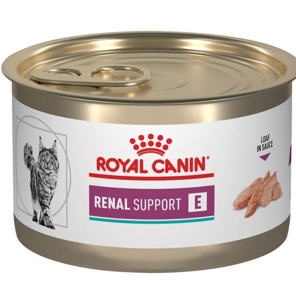 Lata de comida para gatos Royal Canin Renal Support E con tapa dorada e ilustración de un gato.