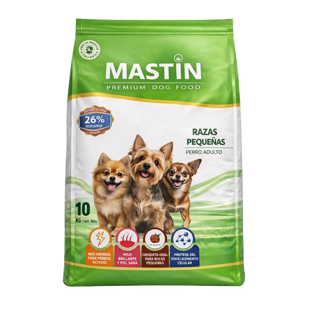 Bolsa de comida para perros de raza pequeña Green Mastin con tres perros pequeños en la parte delantera y la marca de 10 kg.