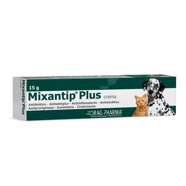 Caja de crema Mixantip Plus con envase verde y blanco e imágenes de gatos y perros.