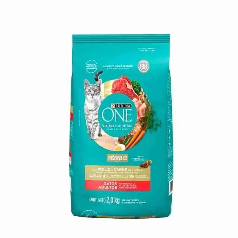 Bolsa turquesa de comida para gatos One con la imagen de un gatito y etiqueta con sabor a salmón.