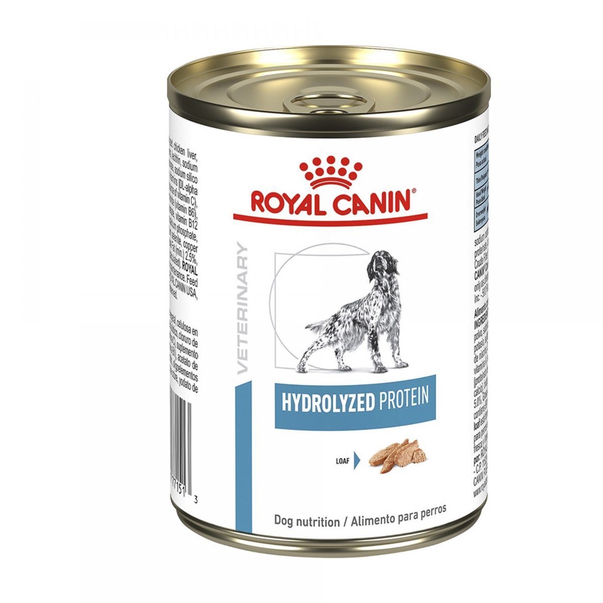 Lata de alimento para perros Royal Canin Veterinary Hydrolyzed Protein con etiqueta blanca e ilustración de un perro.
