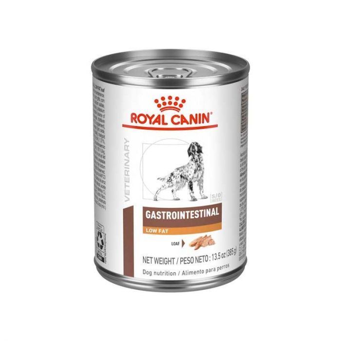 Lata de comida húmeda Royal Canin Gastrointestinal para perros con la ilustración de un perro sobre fondo blanco.