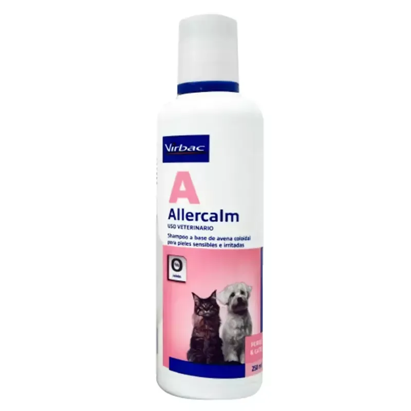 Botella blanca de champú para mascotas Virbac Allercalm con etiqueta rosa e imágenes de gatos y perros.