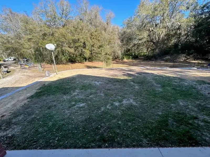 Grassy backyard with a basketball hoop, trees, and a dirt path in the background