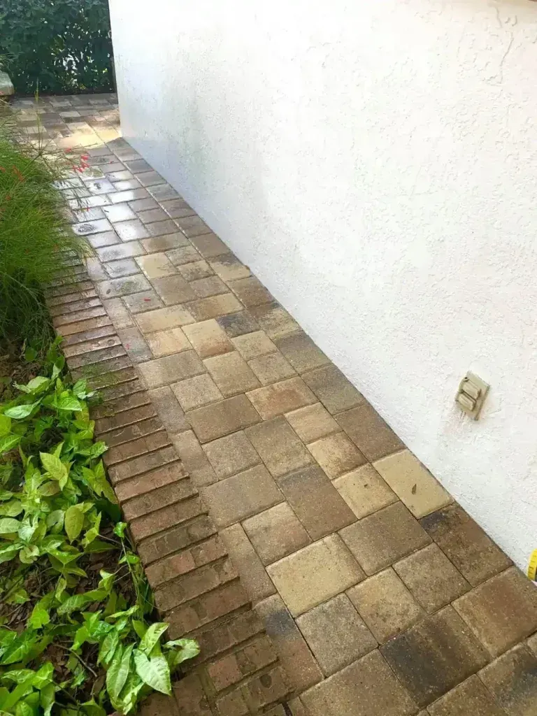 Narrow brick walkway beside a white stucco wall, bordered by green plants.