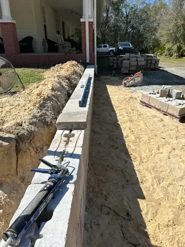 Cinder block retaining wall under construction beside a house, with trenches, tools, and stacked pavers.