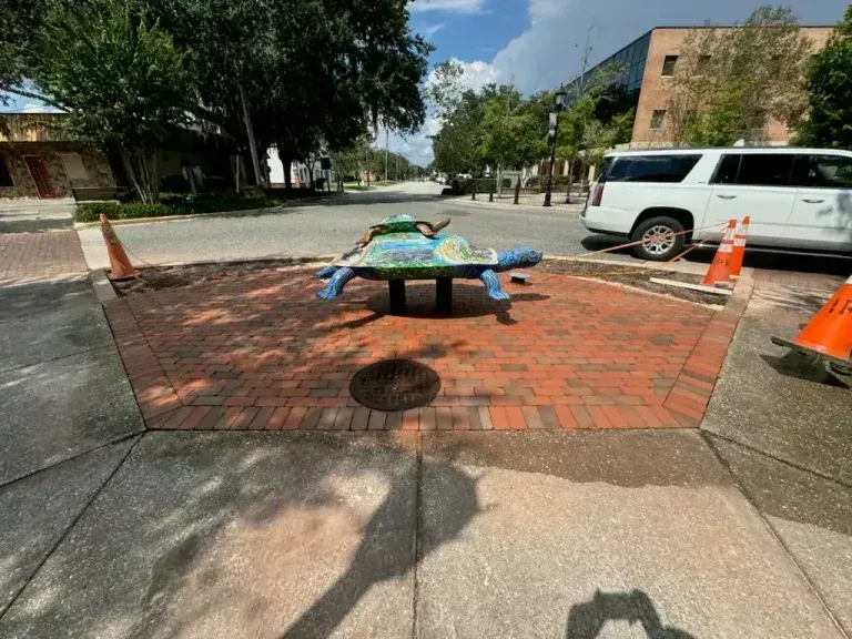 Turtle-shaped painted utility cover on a brick sidewalk, flanked by orange cones near parked vans.