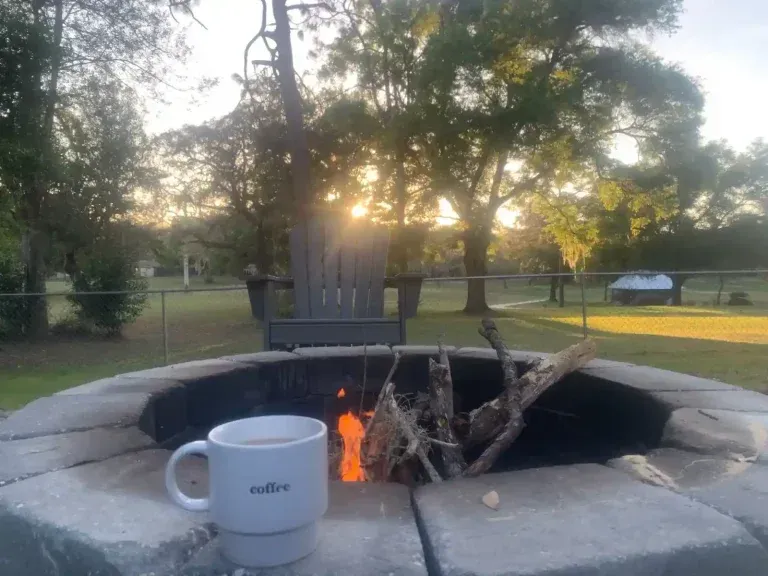 Fire pit with small flames beside a white mug in a park at sunset.