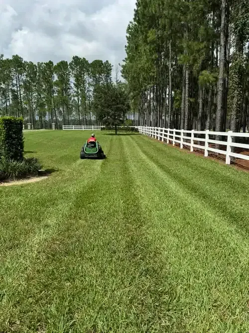 Lawn mower on a striped green lawn beside a white fence and tall trees