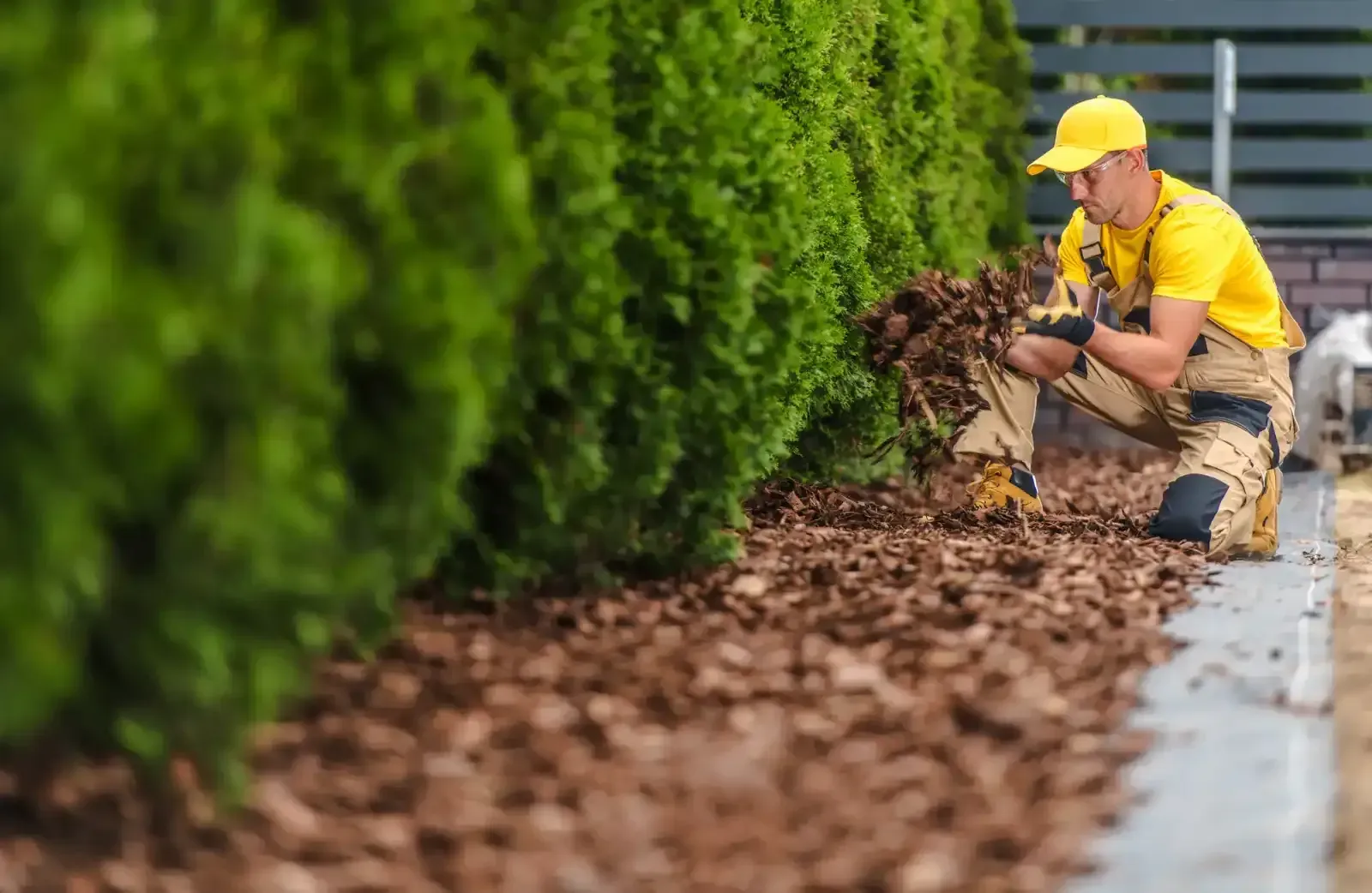 Worker in yellow uniform kneeling to plant shrubs along a sidewalk beside a green hedge
