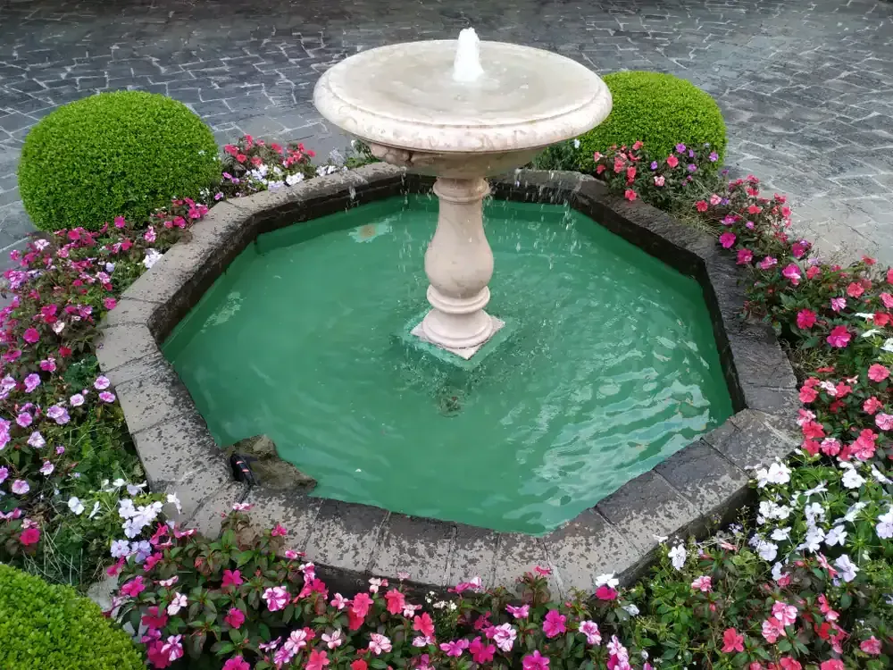 Stone garden fountain with green water, surrounded by pink and white flowers and mossy edging