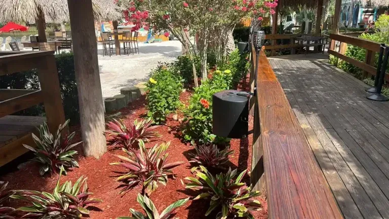 Wooden boardwalk beside a landscaped garden with red mulch, tropical plants, and a seating area in shade