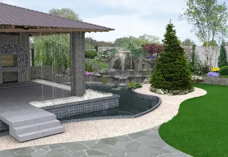 Modern backyard patio with covered seating area, curved pool, stone walkway, and landscaped lawn