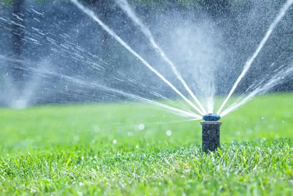 Lawn sprinkler spraying water across a green grassy field on a rainy day