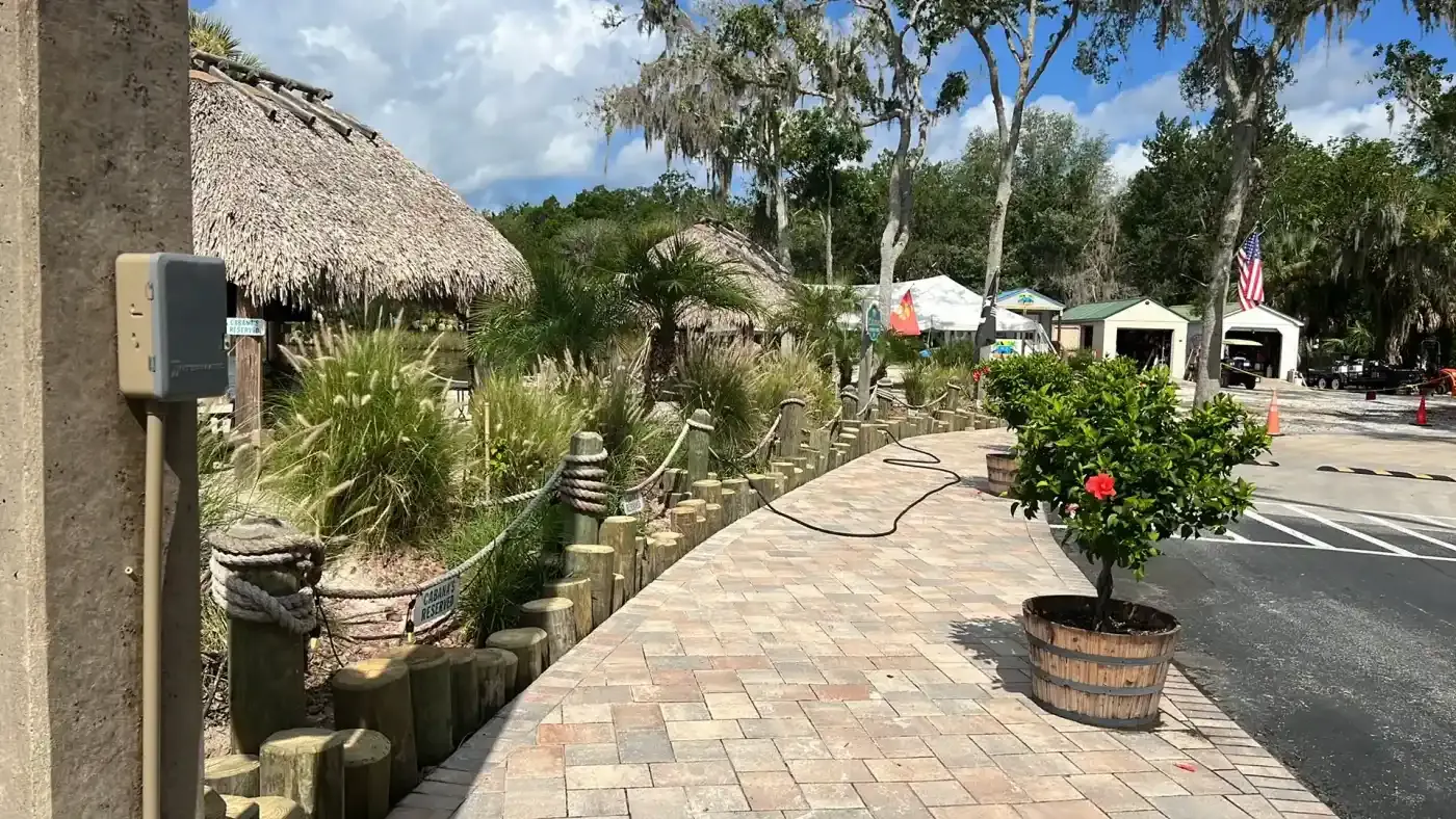 Paved walkway beside tropical plants and a thatched hut, with a red flower in a planter
