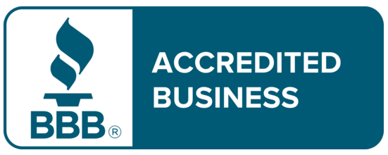 BBB Accredited Business badge in teal and white with the BBB torch logo