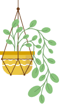 Hanging yellow planter with trailing green leaves and a brown cord