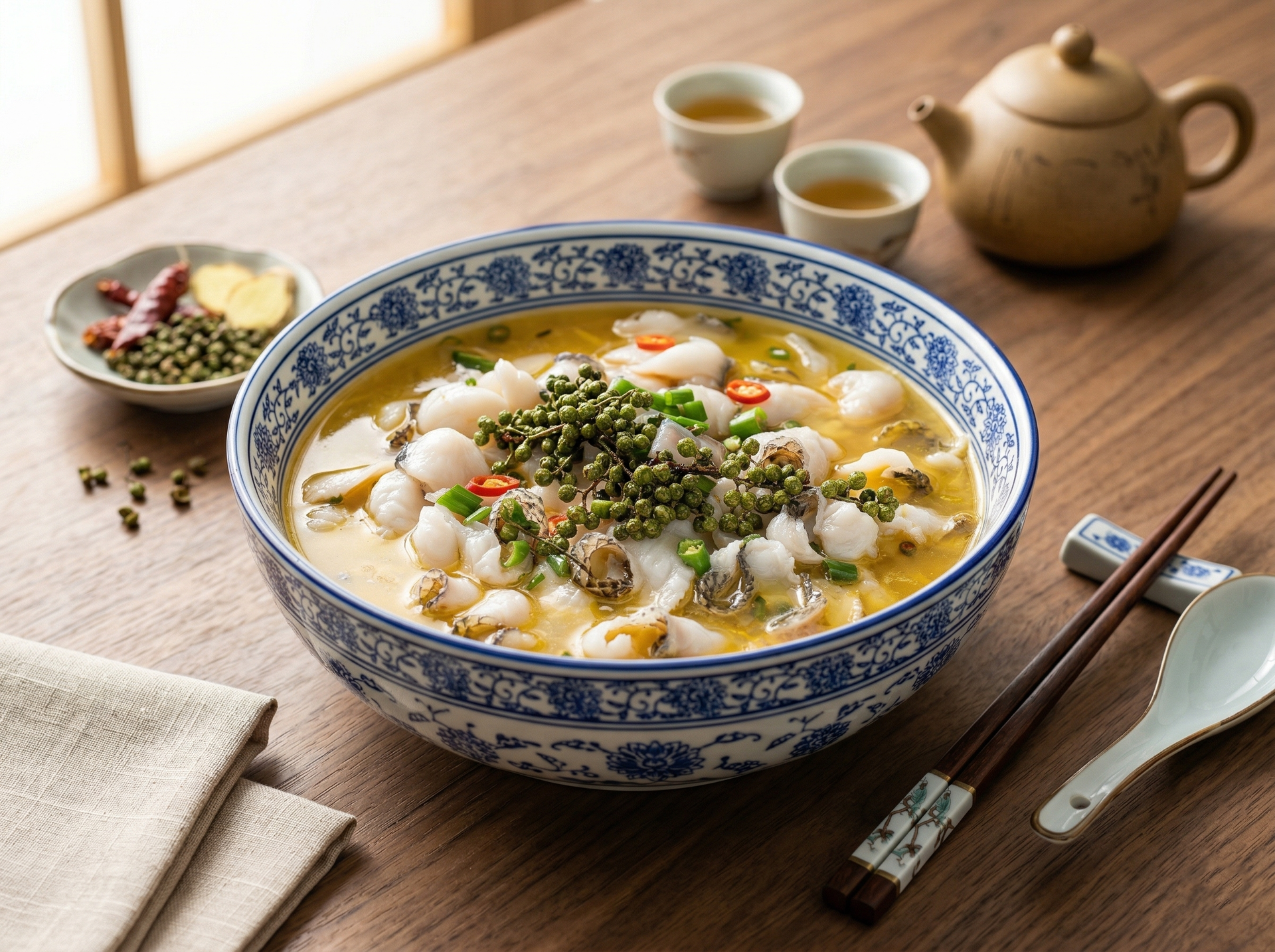 A bowl of Sichuan-style fish in sour and spicy broth with peppercorns, set on a wooden table with tea and chopsticks.