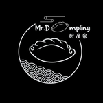 White logo for “Mr. Dumpling” with a dumpling icon and Chinese characters on a black background