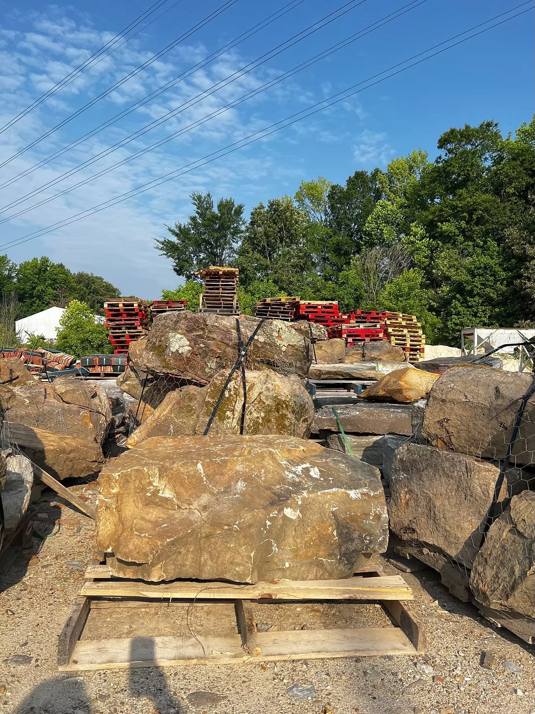 Large, weathered rocks on pallets at an outdoor stone yard; red pallets and trees in the background under a blue sky.