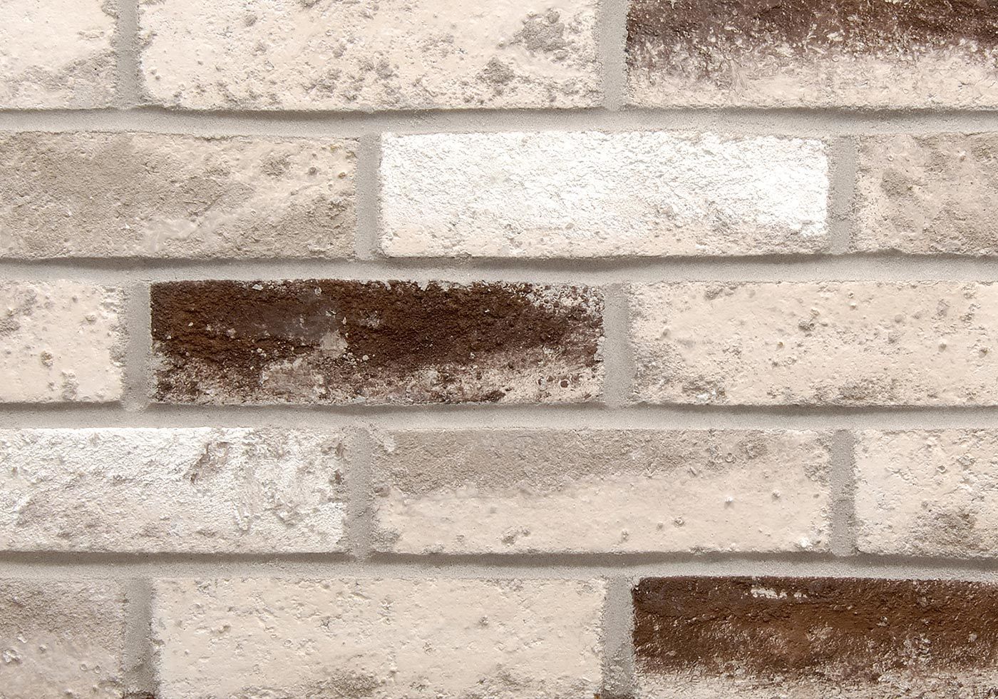 Close-up of a brick wall with white and brown bricks, rough texture.