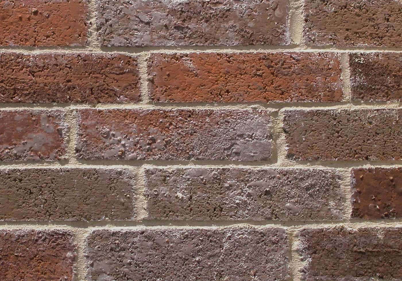 Red and brown brick wall with white mortar.