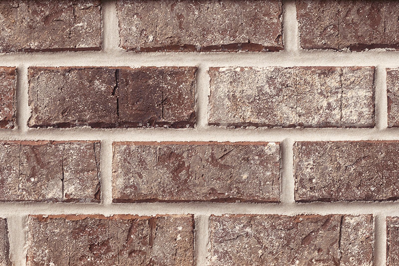 Close-up of a brick wall with dark red-brown bricks and light gray mortar.