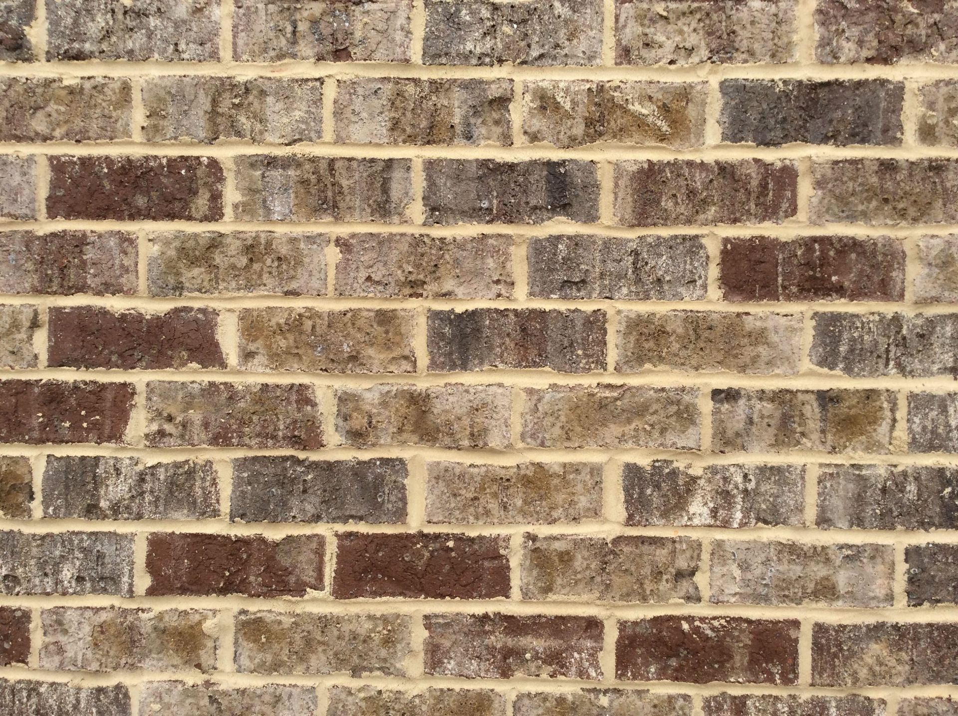 Close-up of a brick wall with varied brown, gray, and red bricks and light tan mortar.