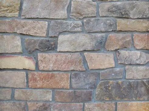 Close-up of a stone wall. The stones are various shades of tan, brown, and grey with grey mortar.