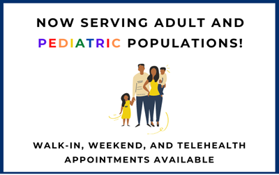 Ad promoting medical services. Family illustration, text: 
