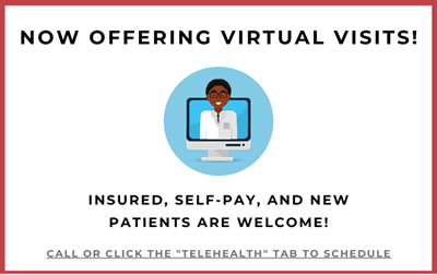 Announcement for virtual visits. A doctor on a computer screen is in a blue circle. Text: 