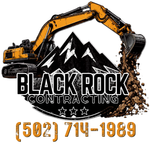 Black Rock Contracting logo with excavator, mountain graphic, and phone number (502) 714-1989