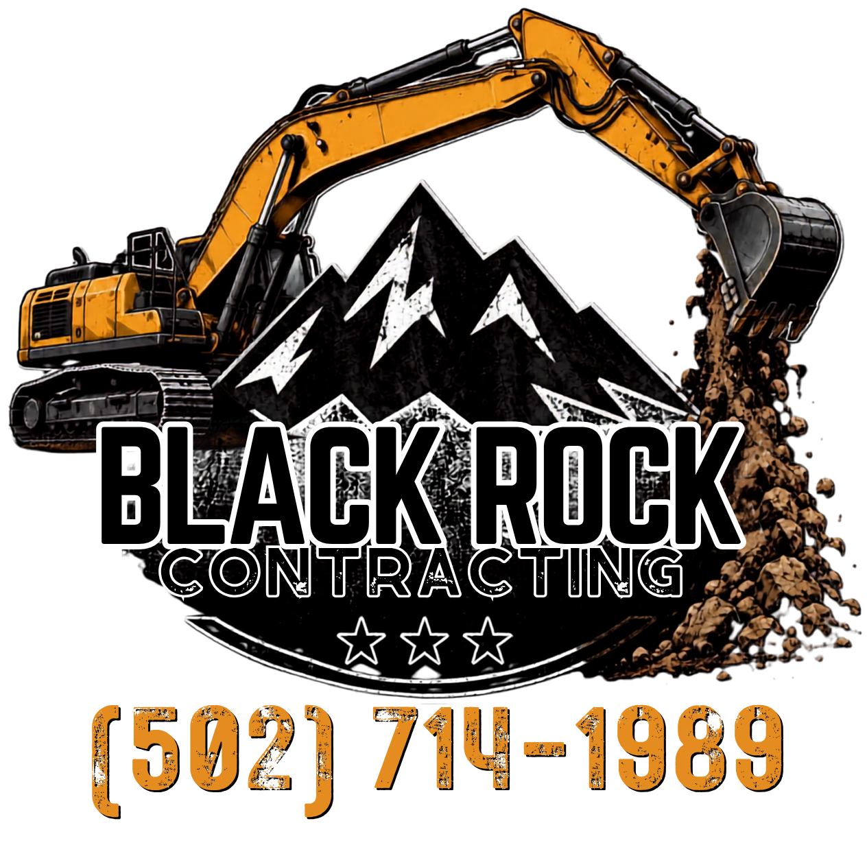 Black Rock Contracting logo with excavator, mountain graphic, and phone number (502) 714-1989