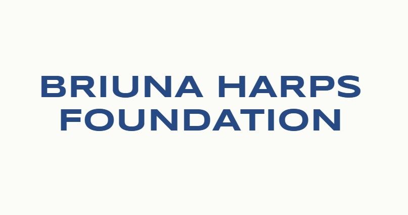 The briuna harps foundation logo is blue and white on a white background.