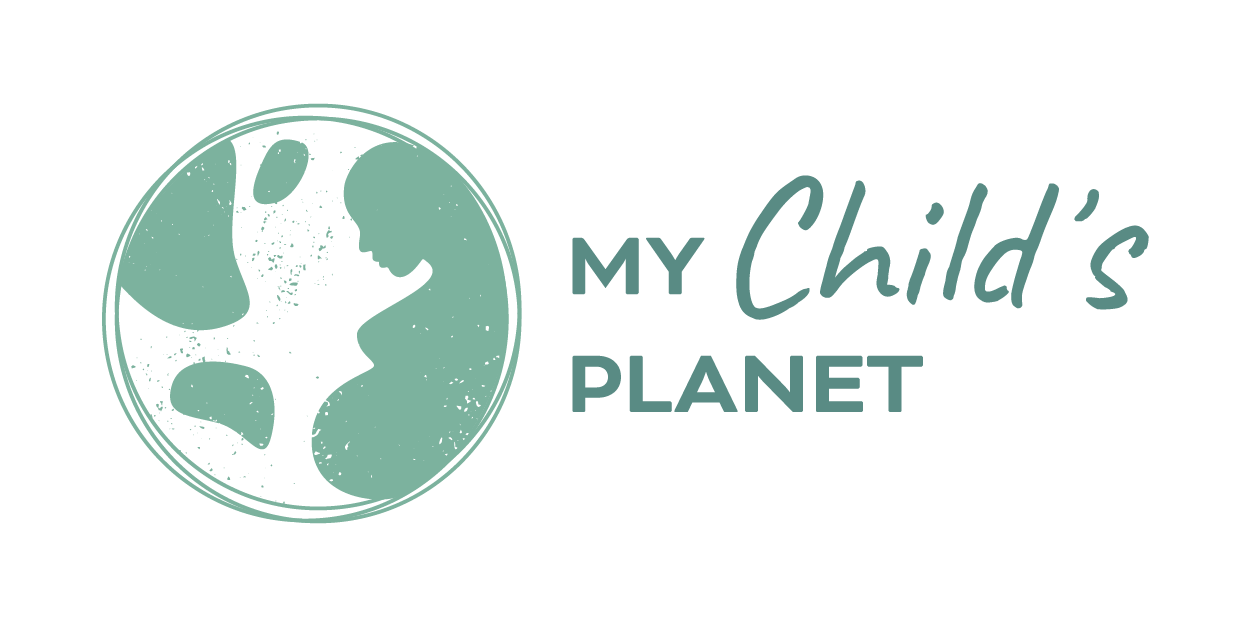 A logo for my child 's planet with a globe in the middle.