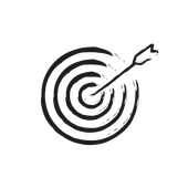 A black and white drawing of a target with an arrow in the center.