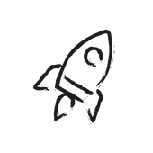 A black and white drawing of a rocket flying through the air.
