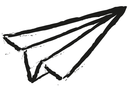 A black and white drawing of a paper airplane on a white background