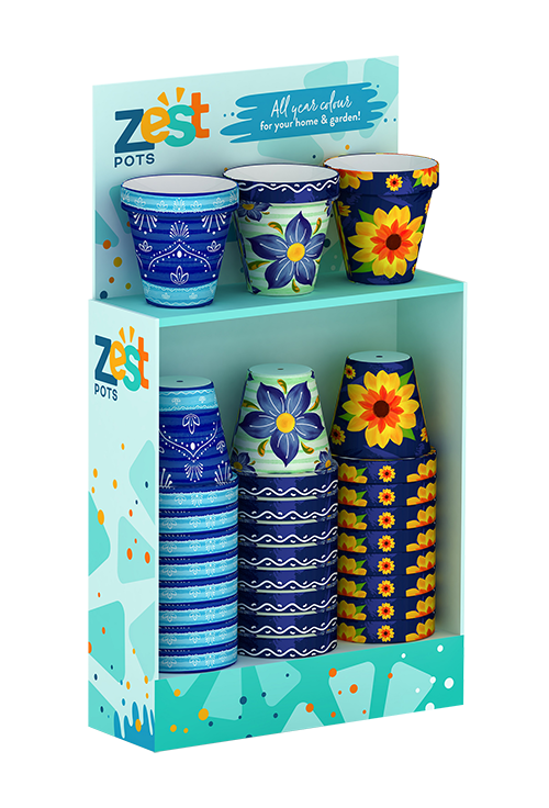 A display of blue and yellow pots on a shelf.