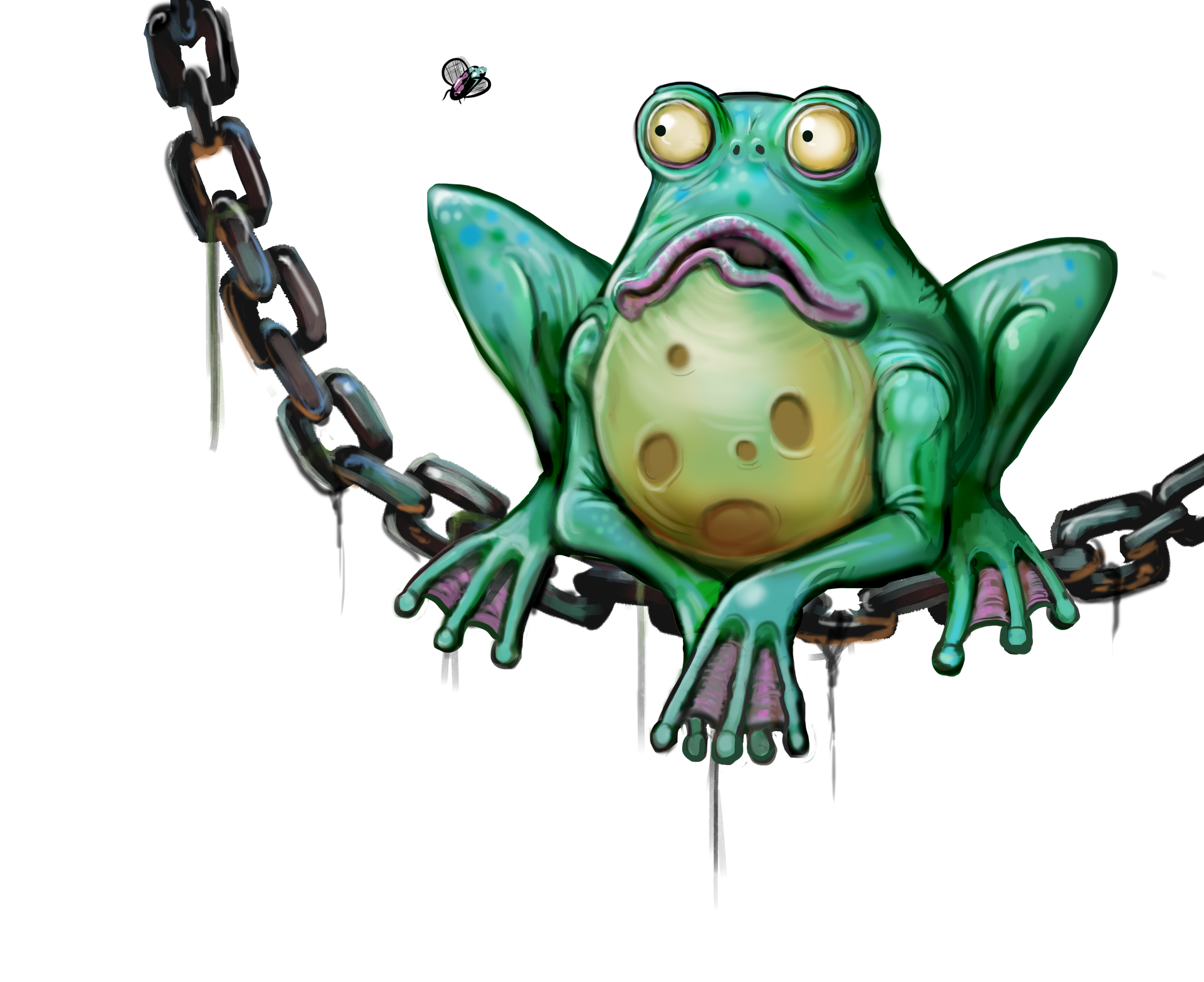 A frog is sitting on a chain with a fly flying around it.