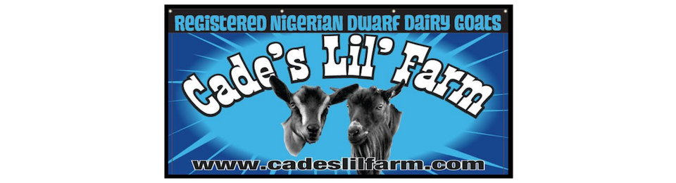 Banner for Cade’s Lil’ Farm with a horse, dog, and cat on a blue sky background; website listed below