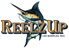 A logo for reelz up los barriles bcs with a marlin