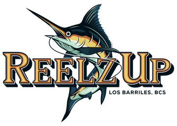 A logo for reelz up los barriles bcs with a marlin