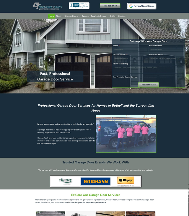 Garage door repair and installation website designed for Garage Tech